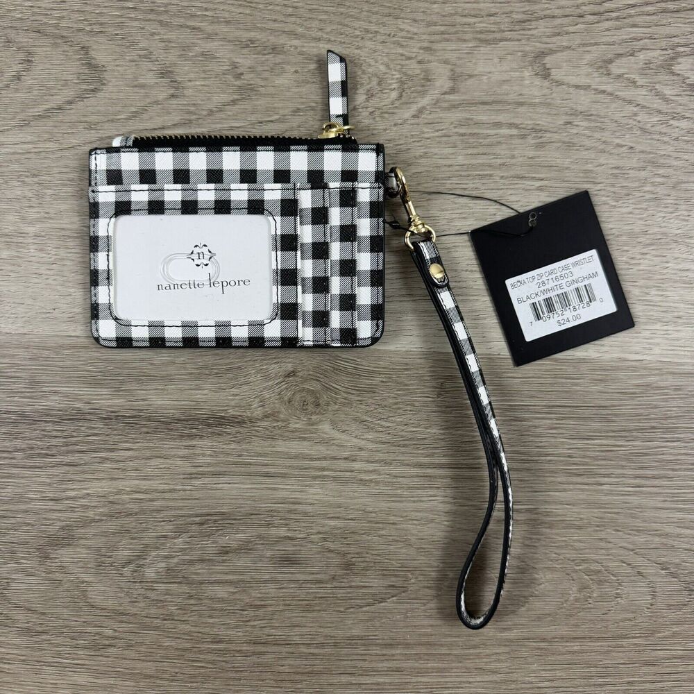 Nanette Lepore Vegan Leather Black/White Gingham Wristlet NWT Becka Top Zip Card